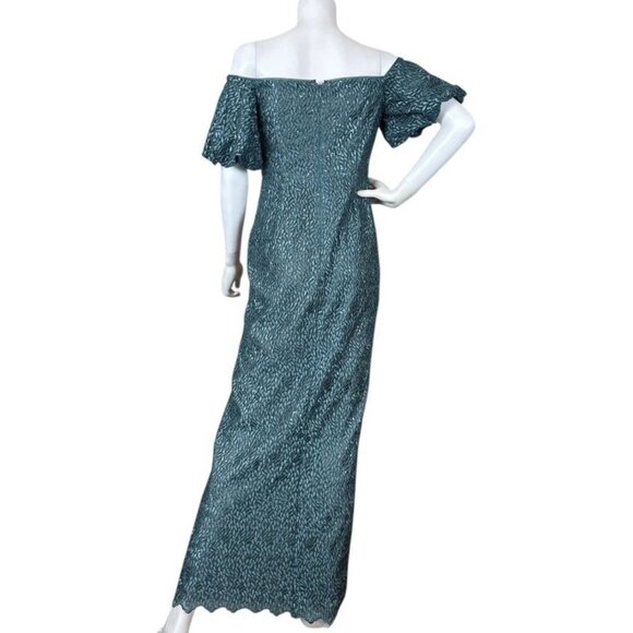 Aidan Mattox Puff Sleeve Sequined Embroidered Evening Dress Gown Teal Size 6 - Picture 2 of 9